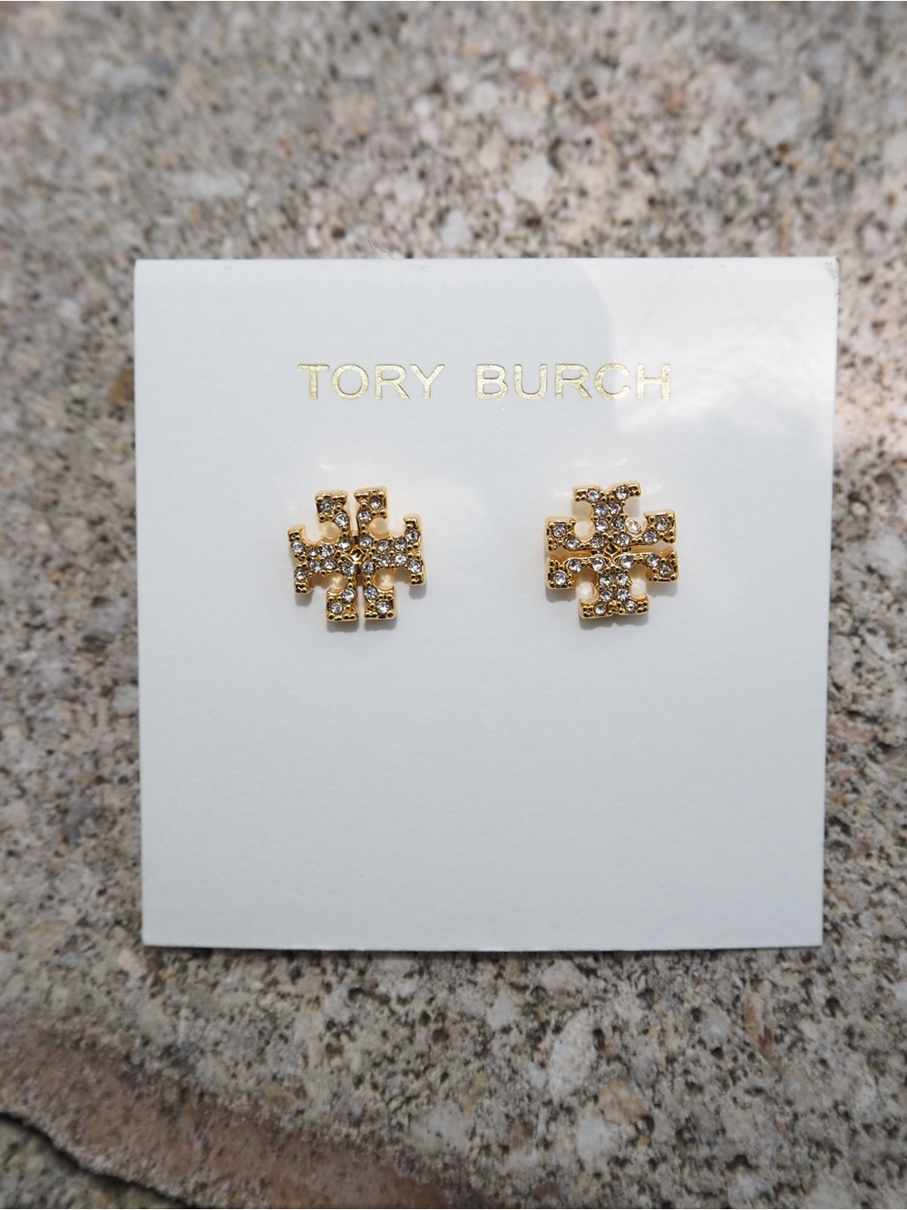 Tory Burch Gold Crystal Logo Stud Earrings